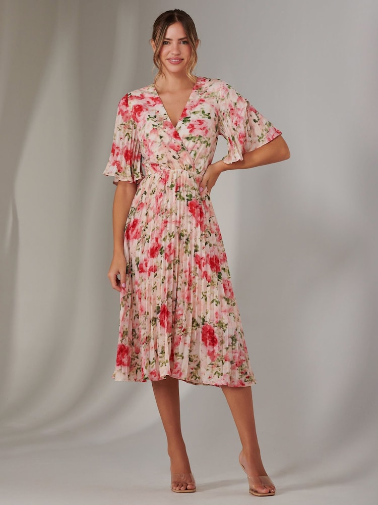 Jolie Moi Pink Pleated Wrap Midi Dress - Image 1 of 6