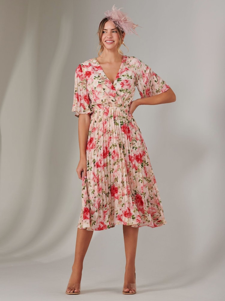 Jolie Moi Pink Pleated Wrap Midi Dress - Image 6 of 6