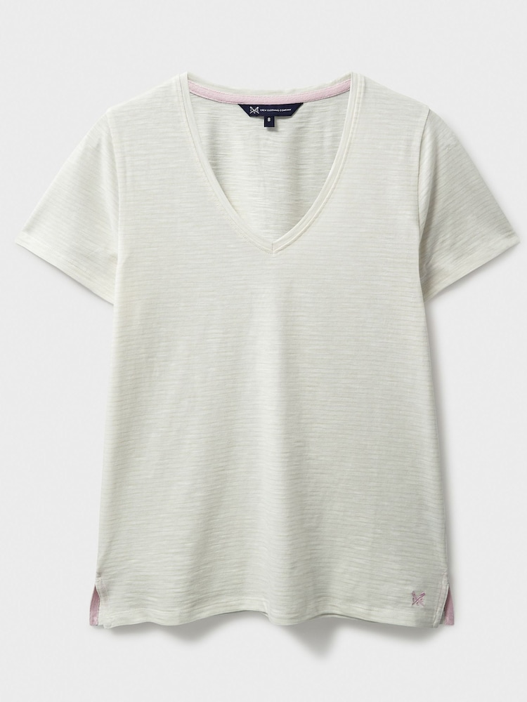 Crew Clothing Company Natural Stripe V-Neck Slub 	100% Cotton T-Shirt - Image 5 of 5