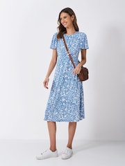 Crew Clothing Blue Jenna Floral Flutter Jersey Dress - Image 1 of 5