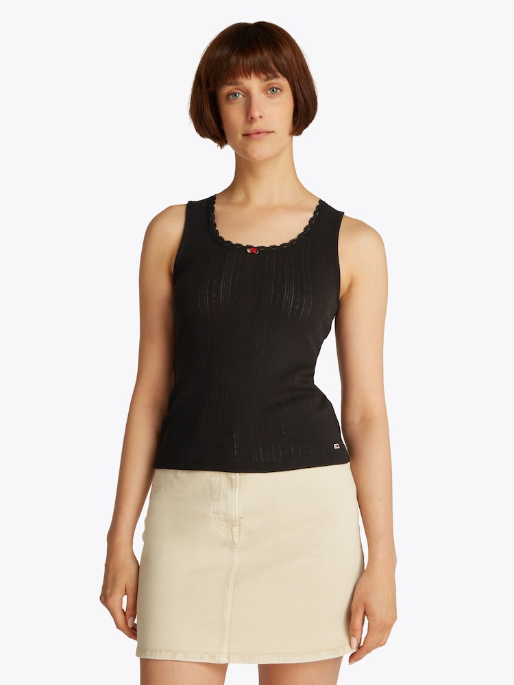 Tommy Jeans Black Slim Pointelle 100% Cotton Tank Top - Image 1 of 7