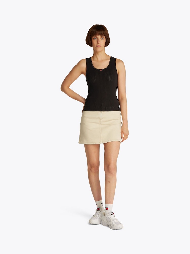 Tommy Jeans Black Slim Pointelle 100% Cotton Tank Top - Image 2 of 7