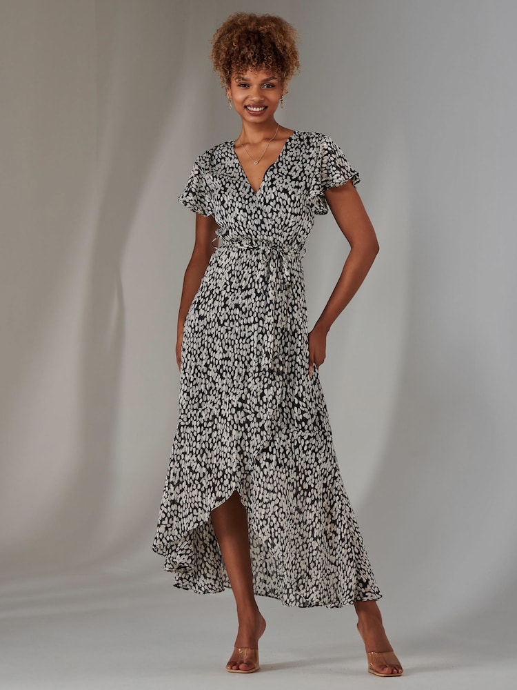 Jolie Moi Black Chiffon Print Frill Dip Hem Maxi Dress - Image 1 of 6