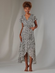 Jolie Moi Black Chiffon Print Frill Dip Hem Maxi Dress - Image 2 of 6