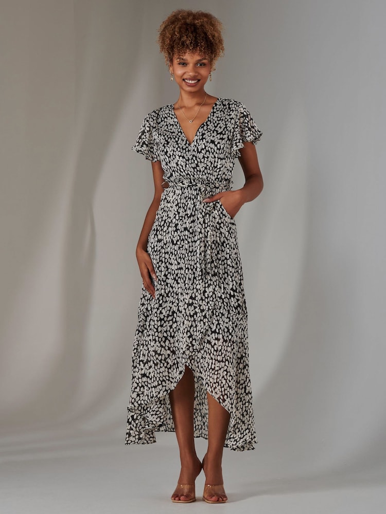Jolie Moi Black Chiffon Print Frill Dip Hem Maxi Dress - Image 2 of 6