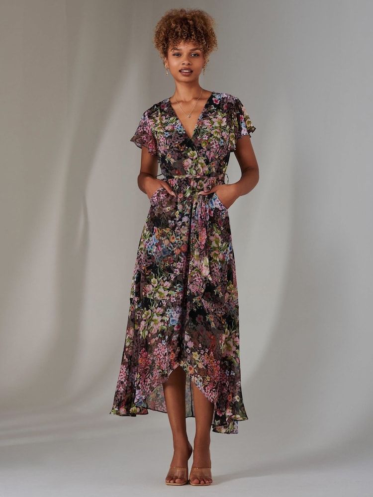 Jolie Moi Black / White Chiffon Print Frill Dip Hem Maxi Dress - Image 1 of 6