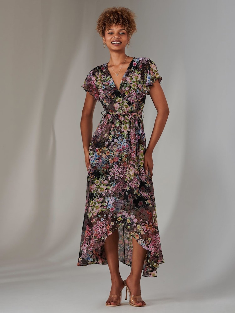 Jolie Moi Black / White Chiffon Print Frill Dip Hem Maxi Dress - Image 6 of 6