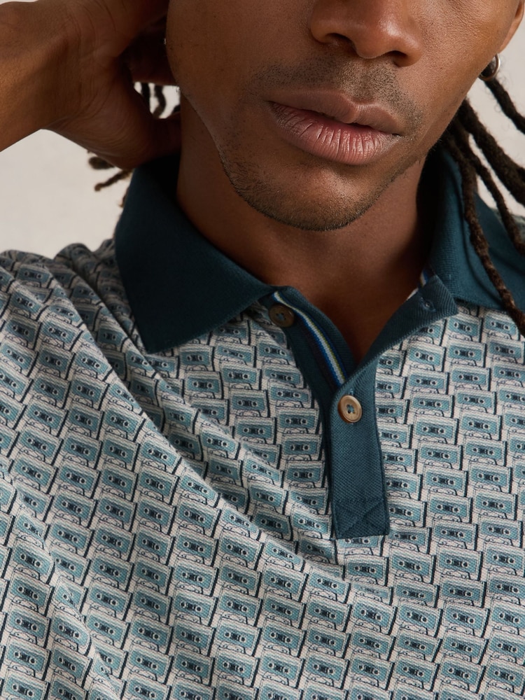 White Stuff Green 100% Cotton Casette Tape Printed Polo Shirt - Image 4 of 6