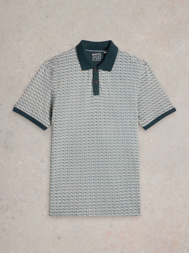 White Stuff Green 100% Cotton Casette Tape Printed Polo Shirt - Image 5 of 6