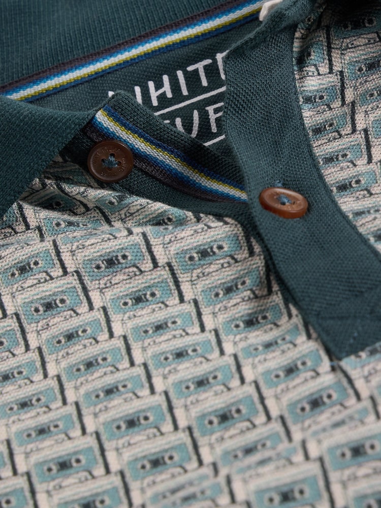 White Stuff Green 100% Cotton Casette Tape Printed Polo Shirt - Image 6 of 6