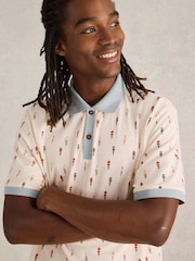 White Stuff White Bike Printed 100% Cotton Polo Shirt - Image 4 of 6