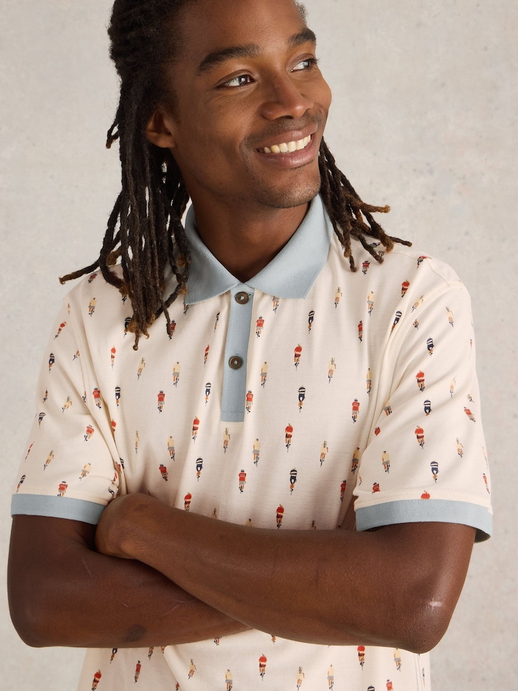 White Stuff White Bike Printed 100% Cotton Polo Shirt - Image 4 of 6