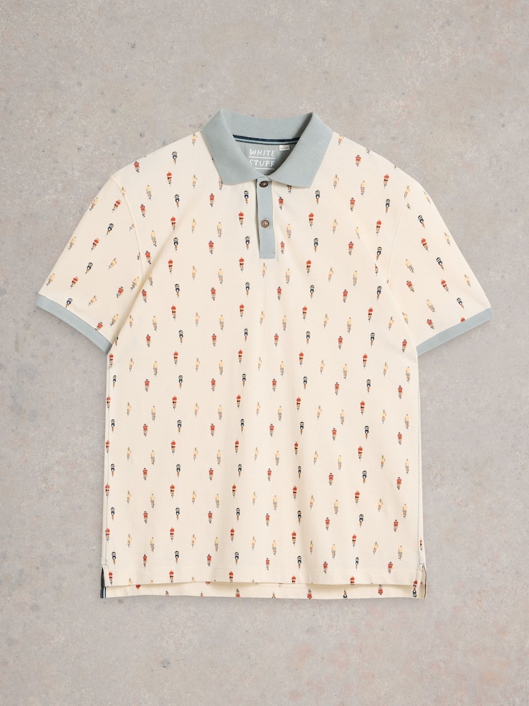 White Stuff White Bike Printed 100% Cotton Polo Shirt - Image 5 of 6