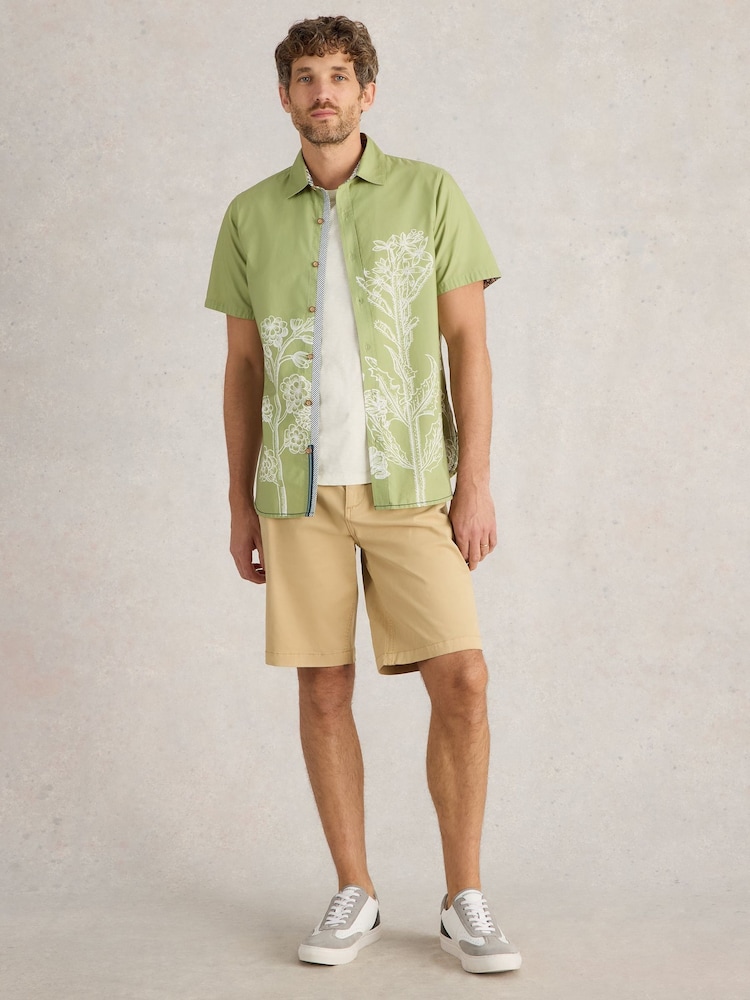 White Stuff Green Floral Border Short Sleeve Printed 100% Organic Cotton Shirt - Image 1 of 6
