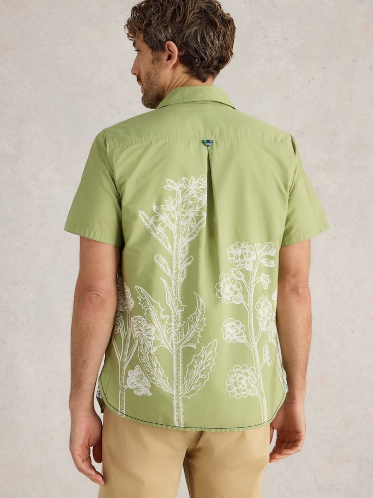 White Stuff Green Floral Border Short Sleeve Printed 100% Organic Cotton Shirt - Image 2 of 6