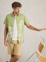 White Stuff Green Floral Border Short Sleeve Printed 100% Organic Cotton Shirt - Image 3 of 6