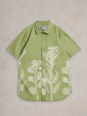 White Stuff Green Floral Border Short Sleeve Printed 100% Organic Cotton Shirt - Image 5 of 6