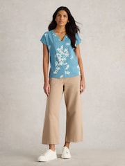 White Stuff Blue Nelly Notch Neck 100% Cotton T-Shirt - Image 1 of 6