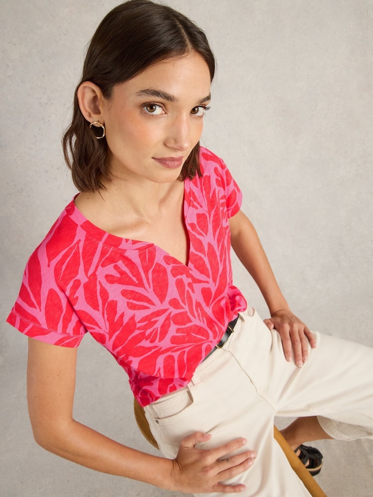 White Stuff Pink Nelly Notch Neck 100% Cotton T-Shirt - Image 4 of 4
