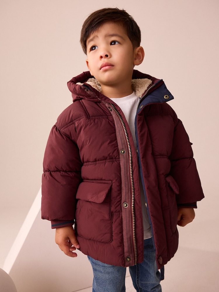 Burgundy Red Borg Lined Padded Coat (3mths-7yrs) - Image 1 of 3