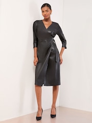 Lipsy Black Faux Leather Wrap Midi Dress - Image 1 of 4