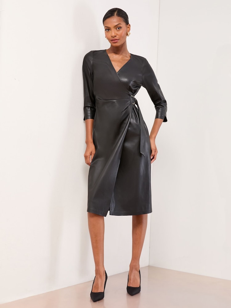 Lipsy Black Faux Leather Wrap Midi Dress - Image 1 of 4