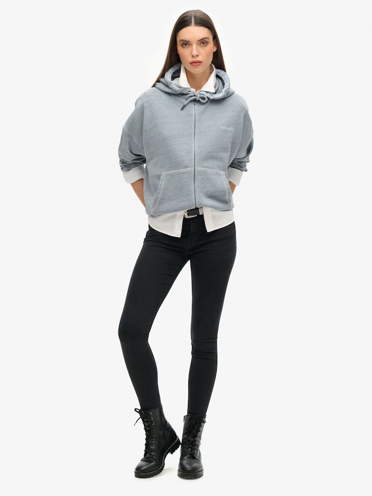 Superdry Blue Essential Logo Overdyed Zip 100% Cotton Hoodie - Image 2 of 3