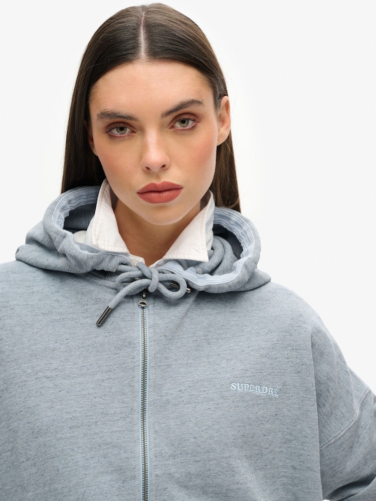 Superdry Blue Essential Logo Overdyed Zip 100% Cotton Hoodie - Image 3 of 3