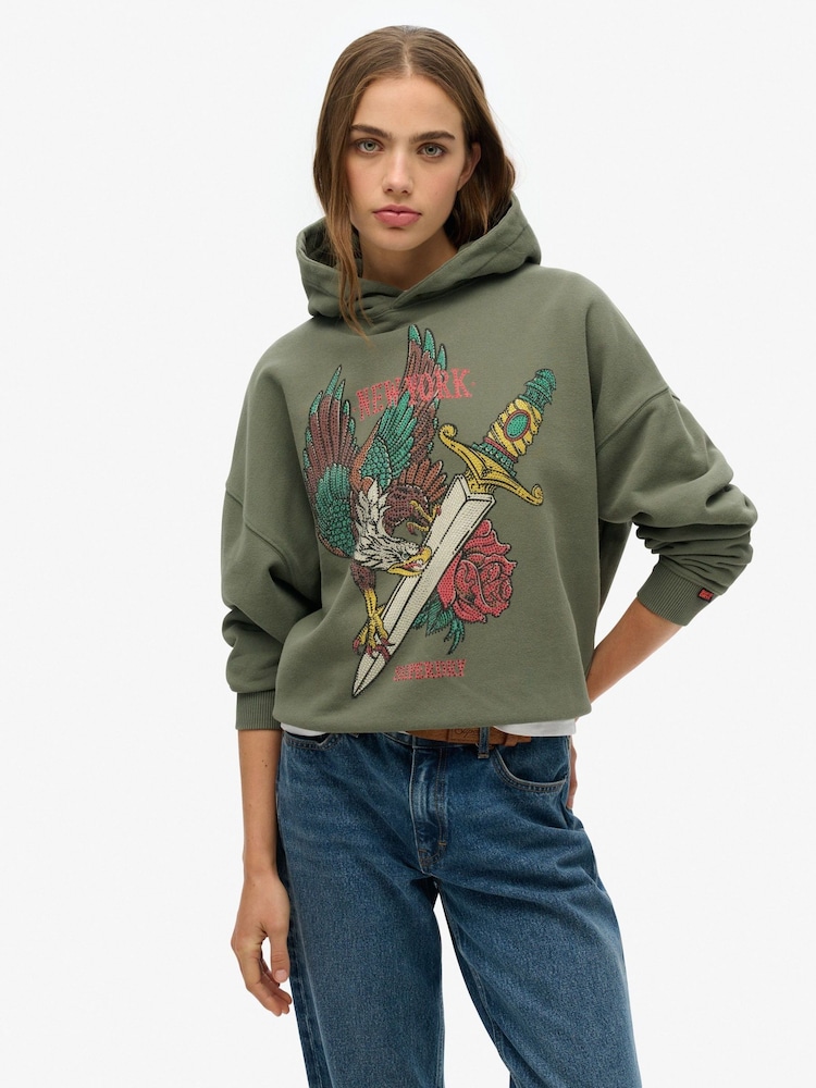 Superdry Green Neo Trad Tattoo Relaxed 100% Cotton Hoodie - Image 1 of 2