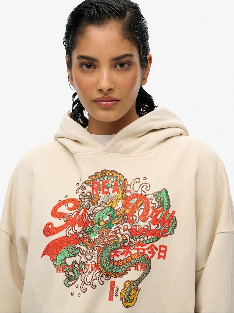 Superdry Nude Tokyo Vintage Logo Relaxed 100% Cotton Hoodie - Image 3 of 3