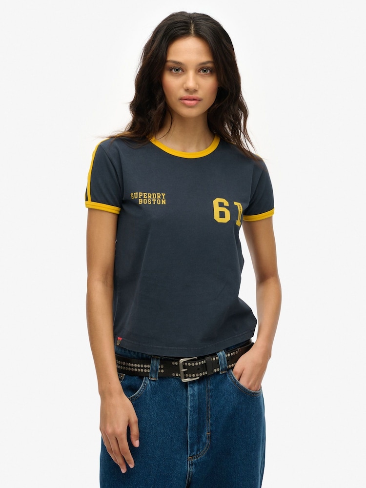 Superdry Blue Athletic Essential Stripe T-Shirt - Image 1 of 3 Superdry Blue Athletic Essential Stripe T-Shirt - Image 1 of 3