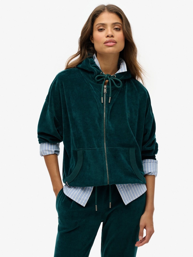 Groen - Superdry Velour Zip Hoodie - Image 1 of 1
