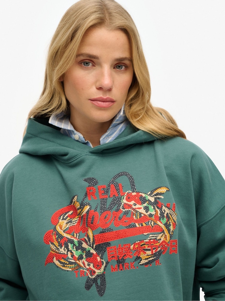 Verde - Superdry Tokyo Vintage Logo Relaxed 100% Cotton Hoodie - Imagen 3 de 3