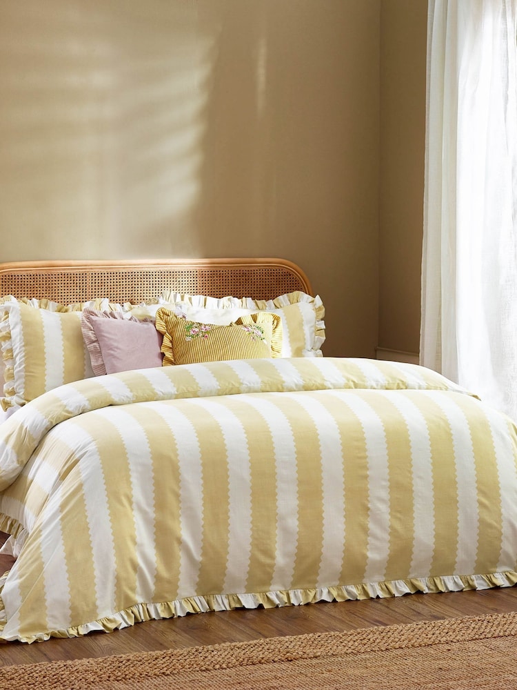 Wylder Butter Yellow Birdie Stripe Ruffle Duvet Set - Image 1 of 3