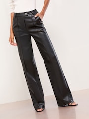 Lipsy Black Faux Leather Pintuck Tailored Wide Leg Trousers - Image 1 of 5