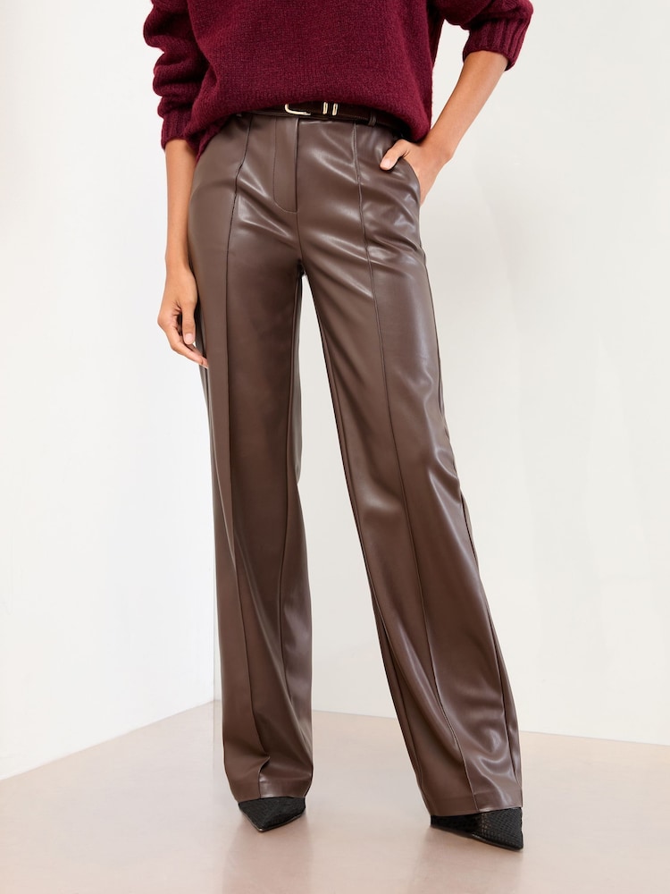 Lipsy Chocolate Brown Faux Leather Pintuck Tailored Wide Leg Trousers - Image 2 of 4