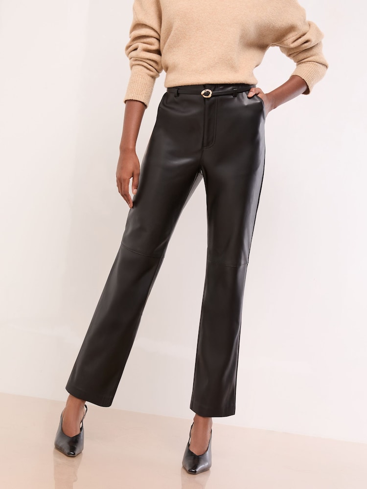 Lipsy Black Faux Leather Belted Straight Leg Trousers - Image 1 of 4 Lipsy Black Faux Leather Belted Straight Leg Trousers - Image 1 of 4