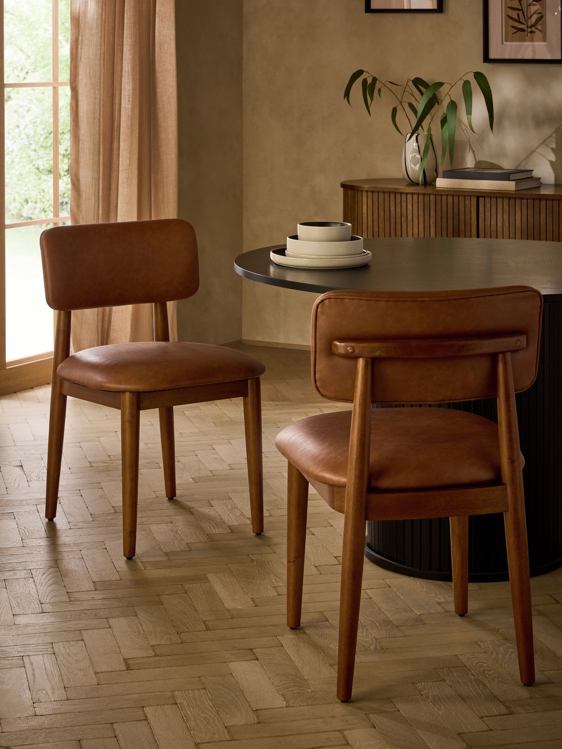 Buy Set of 2 Distressed Faux Leather Tan Dark Wood Leg Wrenley