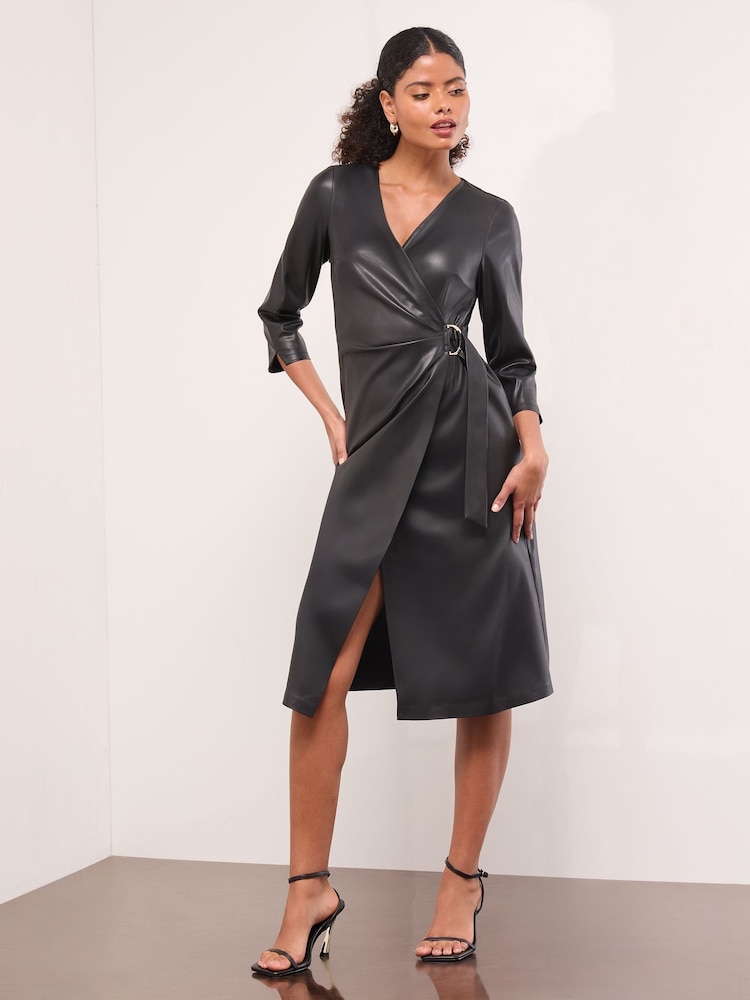 Lipsy Black Faux Leather Petite Wrap Midi Dress - Image 1 of 4