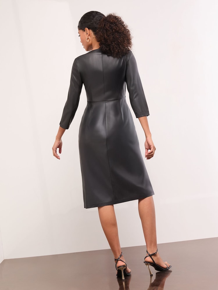 Lipsy Black Faux Leather Petite Wrap Midi Dress - Image 4 of 4