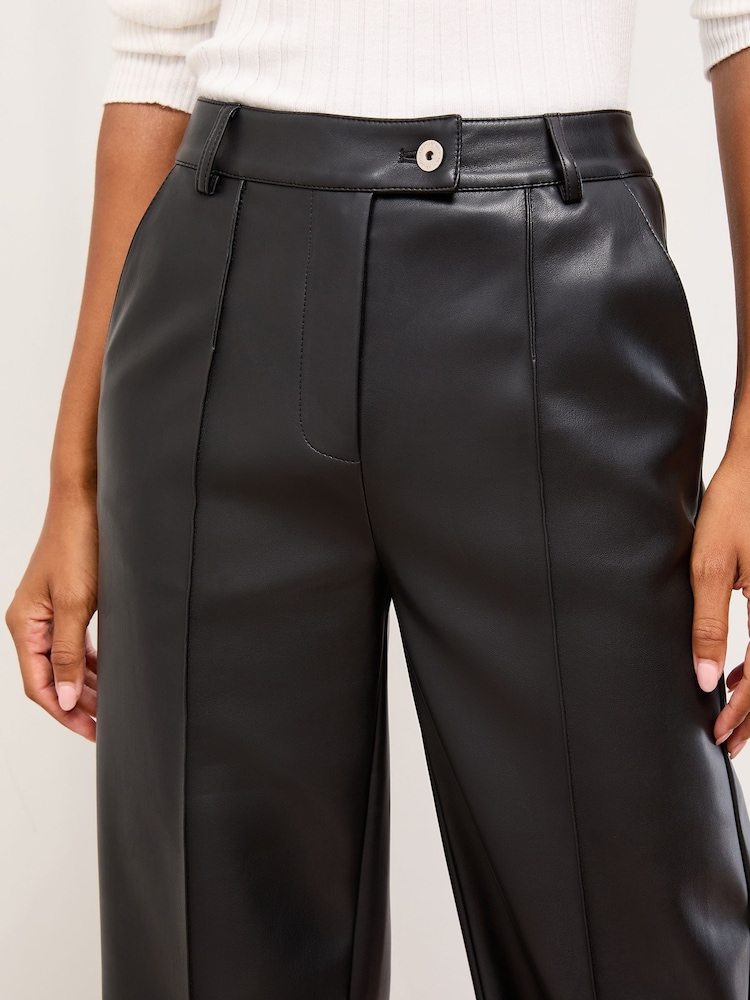 Lipsy Black Faux Leather Petite Pintuck Tailored Wide Leg Trousers - Image 2 of 5