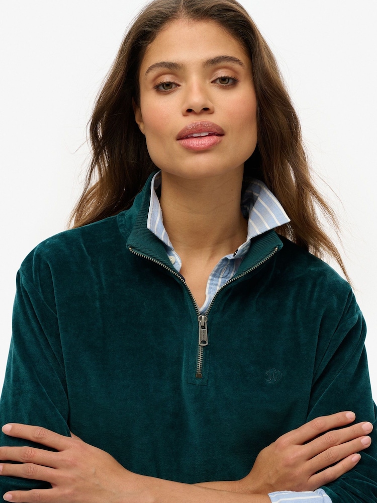 Superdry Green Velour Half Zip Jumper - Image 3 of 3
