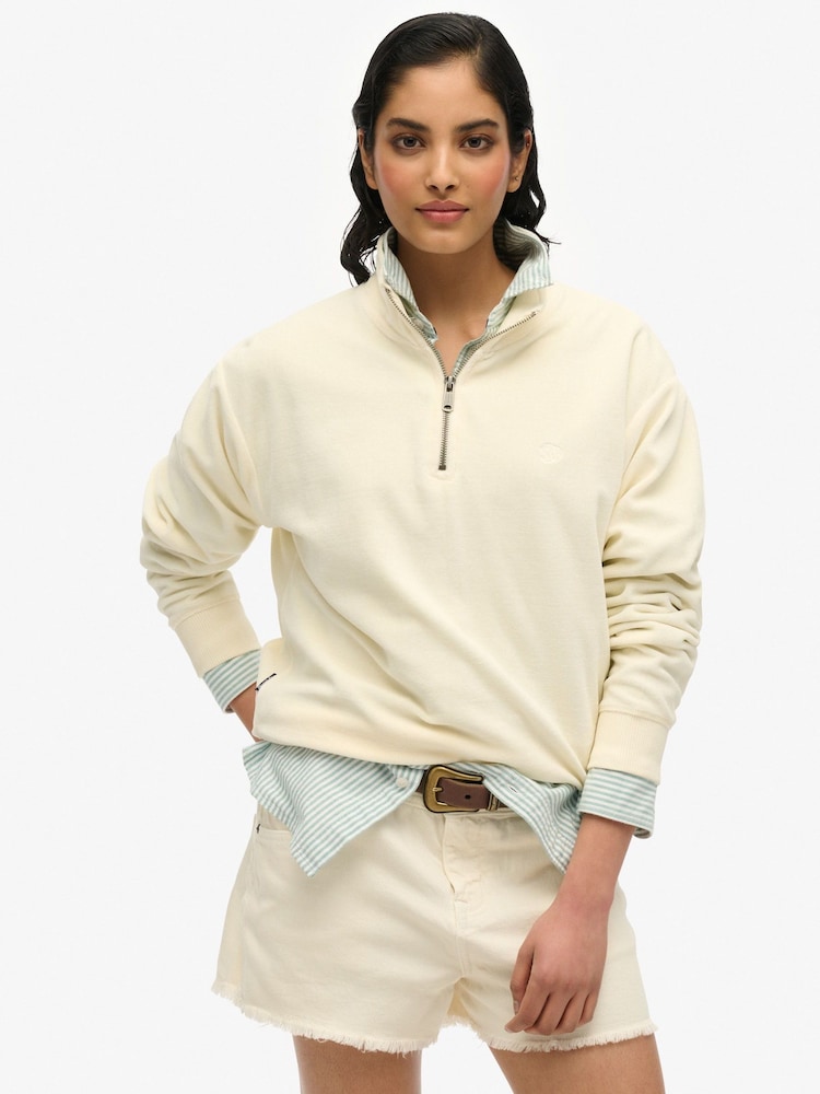 Wit - Superdry Velour Half Zip Jumper - Image 1 of 3