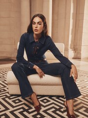Lipsy Rinse Wash Denim Cinched Waist Collared Shirt - Image 4 of 5