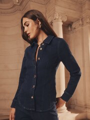 Lipsy Rinse Wash Denim Cinched Waist Collared Shirt - Image 5 of 5
