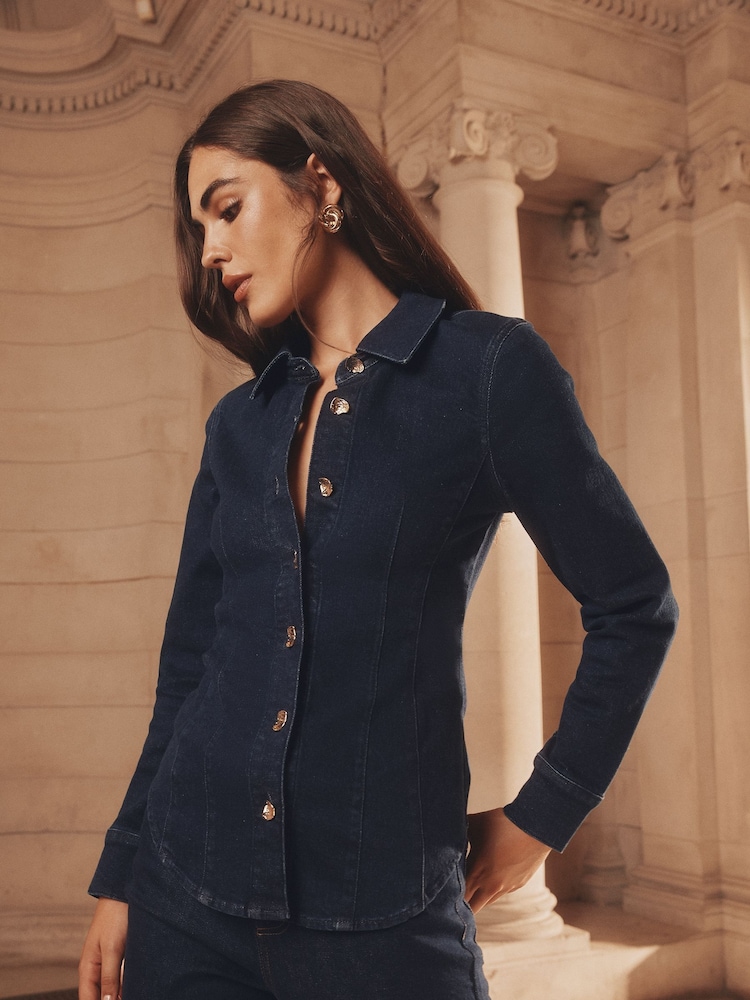 Lipsy Rinse Wash Denim Cinched Waist Collared Shirt - Image 5 of 5