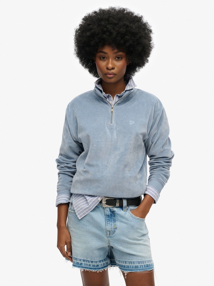 Blauw - Superdry Velour Half Zip Jumper - Image 1 of 6