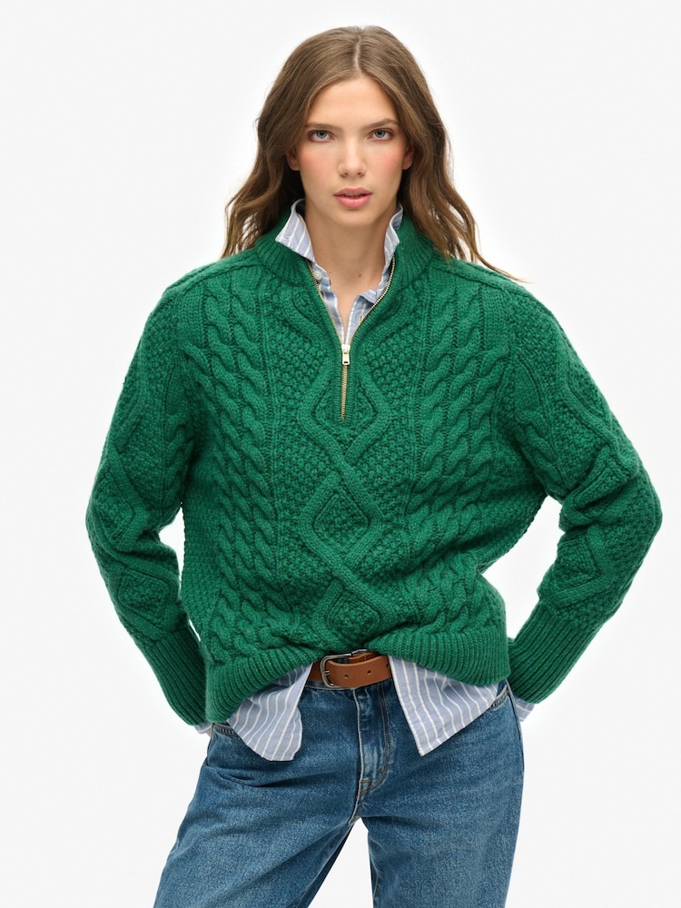 Superdry Green Aran Cable Knit Half Zip Jumper - Image 1 of 5