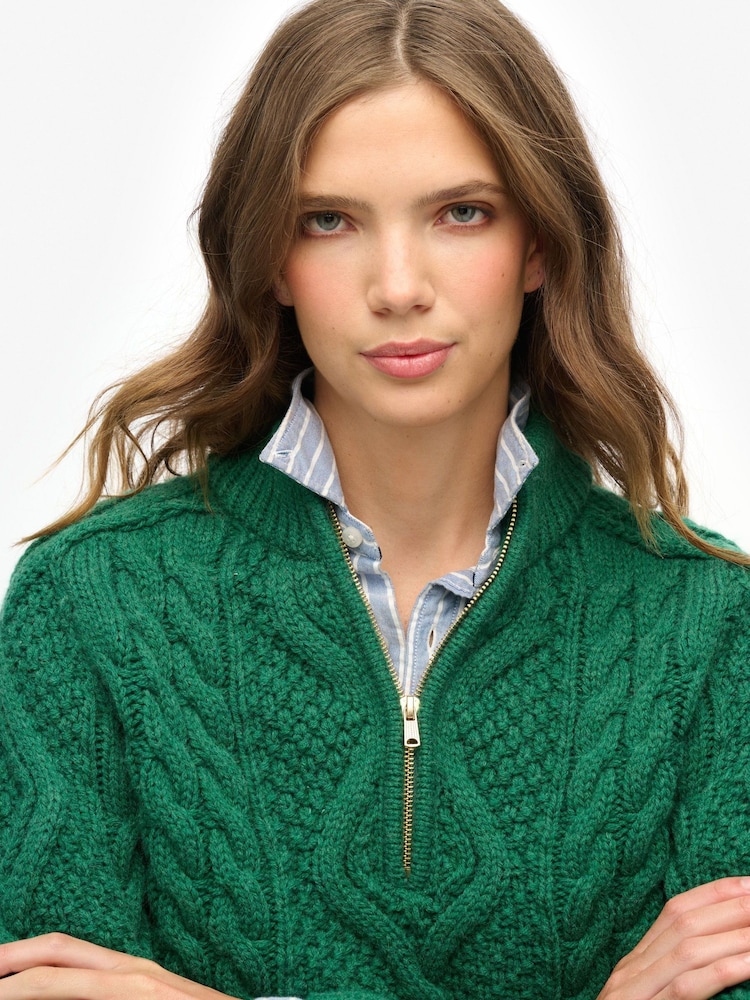 Superdry Green Aran Cable Knit Half Zip Jumper - Image 4 of 5