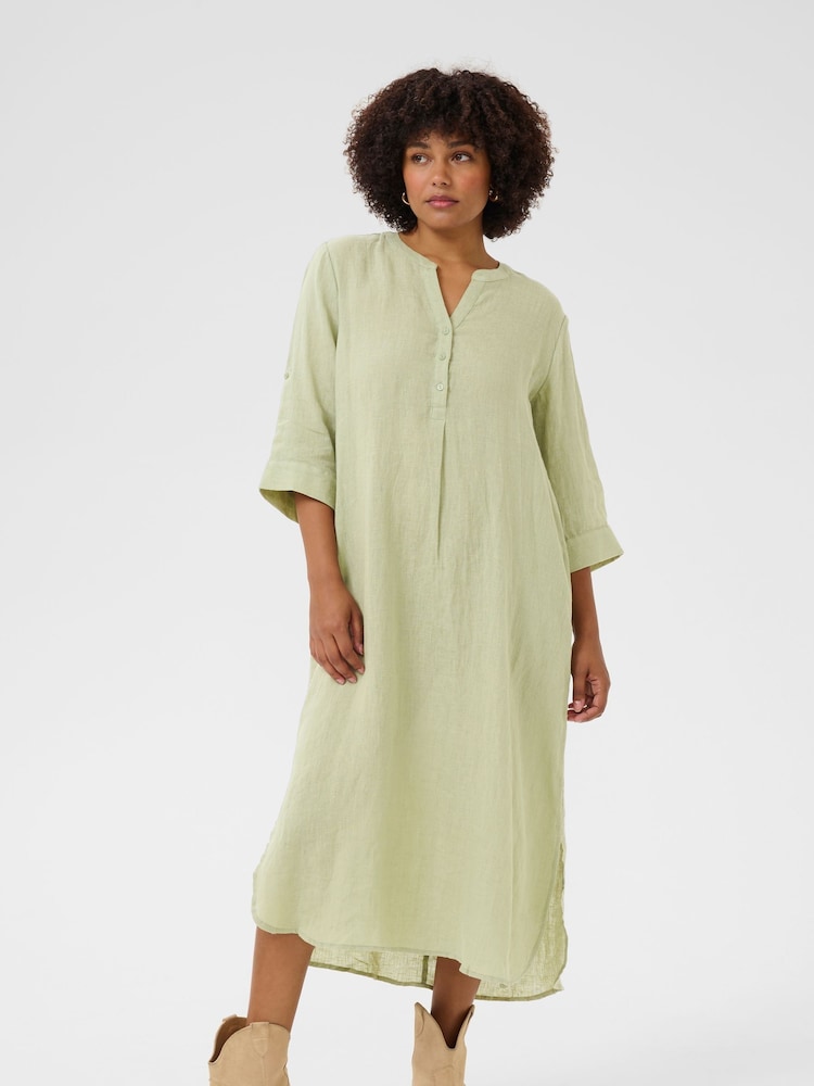 Cream 100% Linen Tea Green Shirt Dress - Image 1 of 4